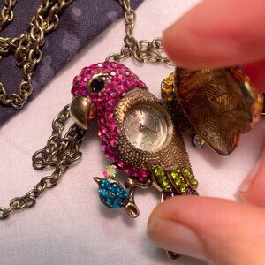 Multi-Colored Rhinestone Embellished Parrot Pendant with Watch